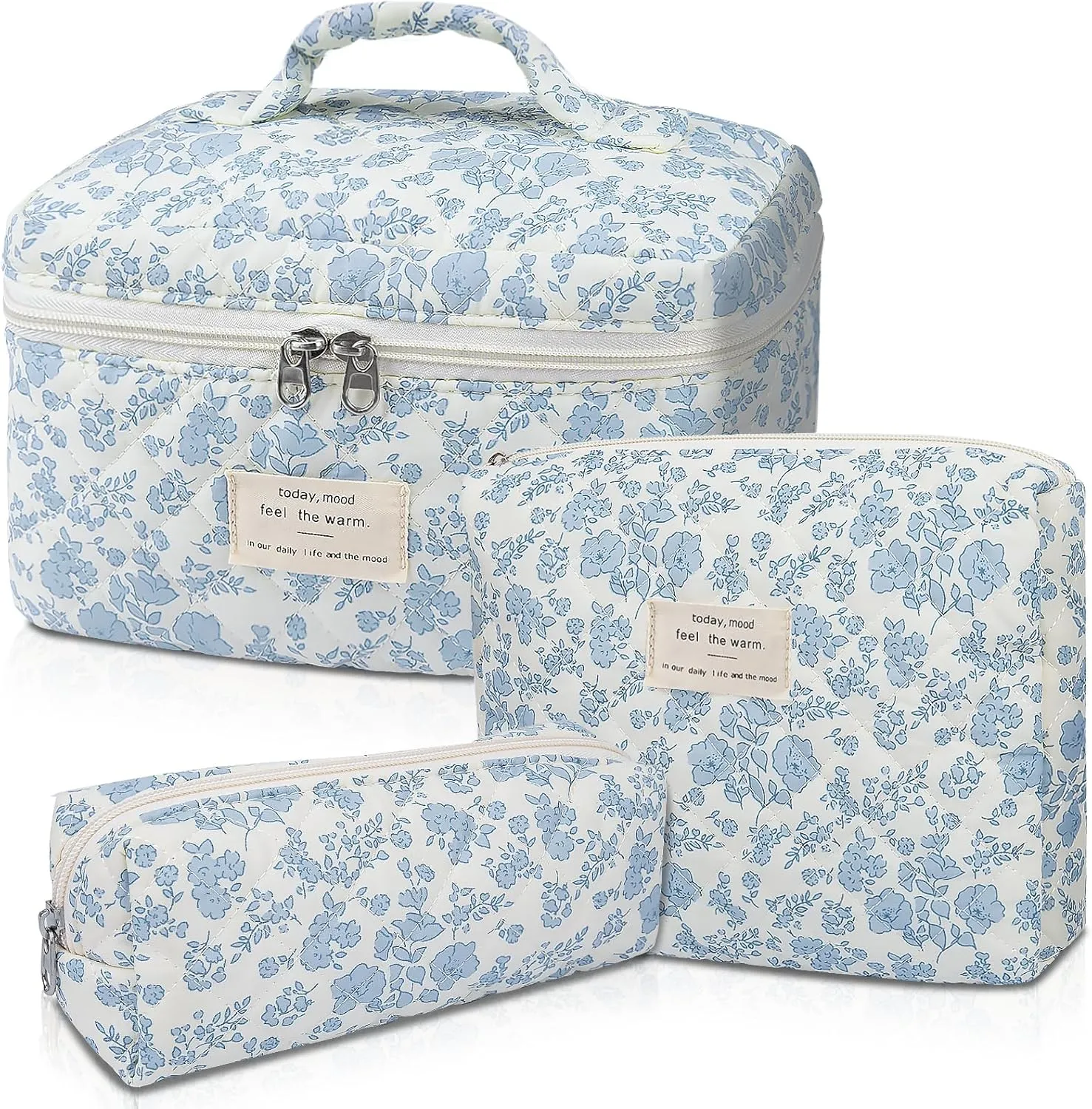 Makeup Bag, Large Quilted Cosmetic Bag, Big Floral Make Up Bag for Women Girls, Cute Cotton Makeup Bag Set, Flower Travel Toiletry Organizer Bag