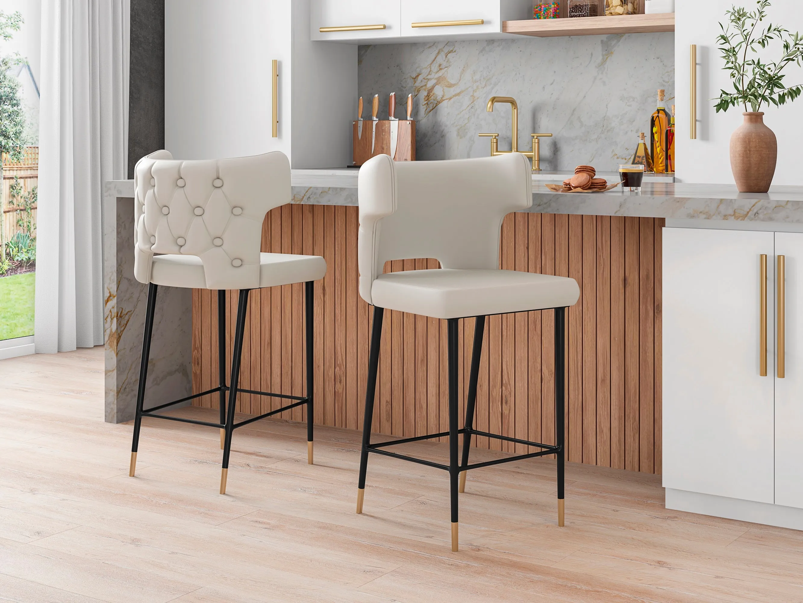 Manhattan Comfort Holguin 37" Counter Height Barstool with Tufted Back Buttons - Cream|Tabouret bar Holguin de Manhattan Comfort de hauteur comptoir de 37 po avec dossier capitonné - crème