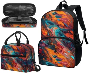 Marble Orange 17in Middle School Backpack Set 3 Pieces Fluid Painting Turquoise Colorful Lightweight Teen Bookbags School Bag with Pencil Case & Lunch Pack
