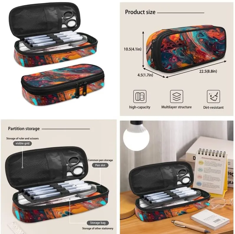 Marble Orange 17in Middle School Backpack Set 3 Pieces Fluid Painting Turquoise Colorful Lightweight Teen Bookbags School Bag with Pencil Case & Lunch Pack