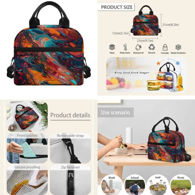 Marble Orange 17in Middle School Backpack Set 3 Pieces Fluid Painting Turquoise Colorful Lightweight Teen Bookbags School Bag with Pencil Case & Lunch Pack