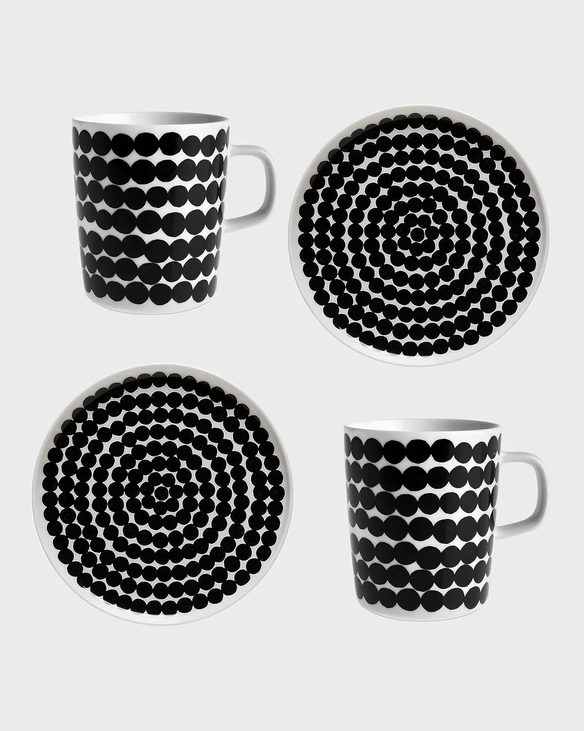 MARIMEKKO Oiva Rsymatto Dish Set - Includes: 2 Plates (8") & 2 Mugs (8.8oz) - Iconic Black & White Stoneware Set for Refining Your Kitchen Decor