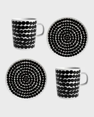 MARIMEKKO Oiva Rsymatto Dish Set - Includes: 2 Plates (8") & 2 Mugs (8.8oz) - Iconic Black & White Stoneware Set for Refining Your Kitchen Decor