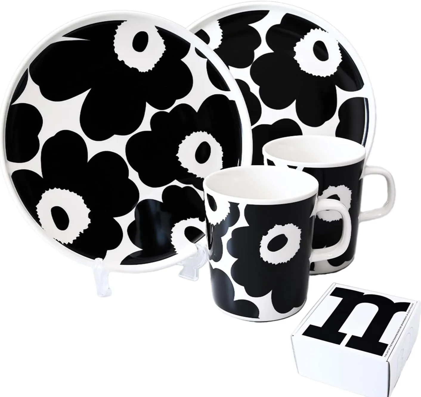 MARIMEKKO Oiva Unikko Kitchen Dish Set (Black) – Floral Stoneware — Plate and Mug set of 2 — 8.8 oz Mugs and 8" Diameter Plates