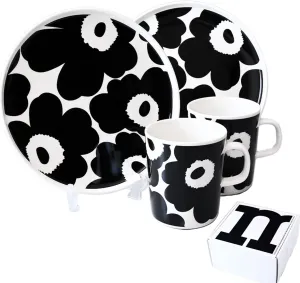 MARIMEKKO Oiva Unikko Kitchen Dish Set (Black) – Floral Stoneware — Plate and Mug set of 2 — 8.8 oz Mugs and 8" Diameter Plates