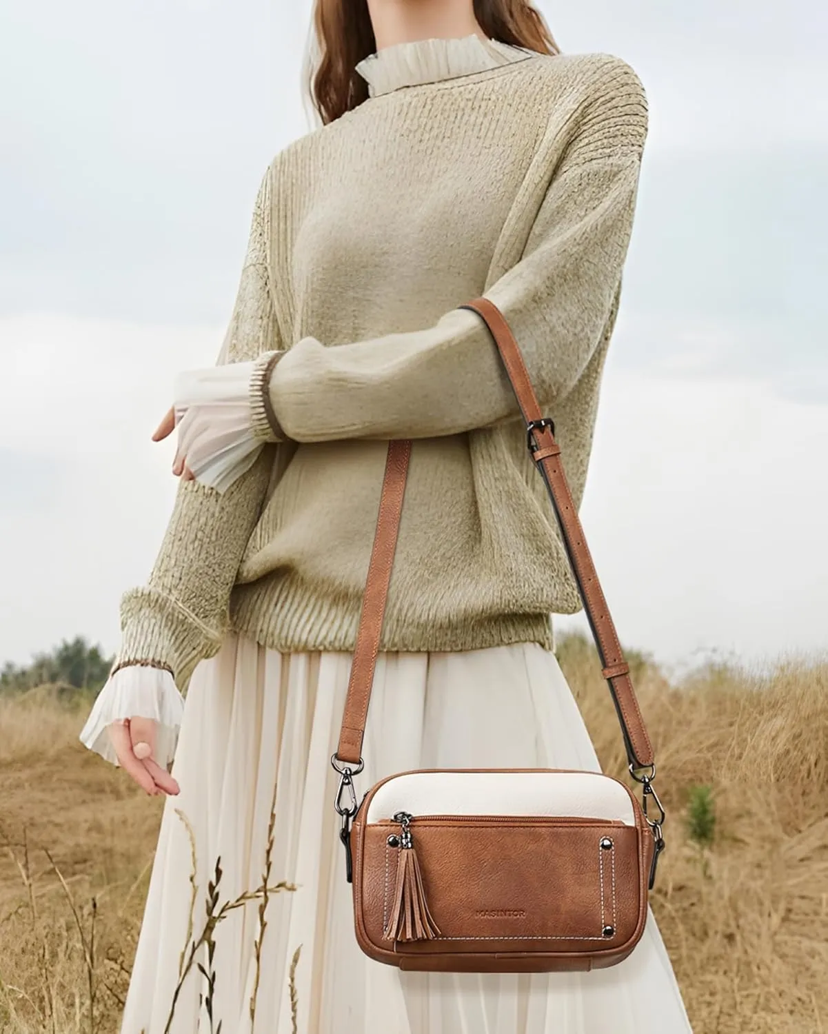 MASINTOR Crossbody Bags for Women Vegan Leather, Trendy Shoulder Purse with Adjustable Strap and Tassel