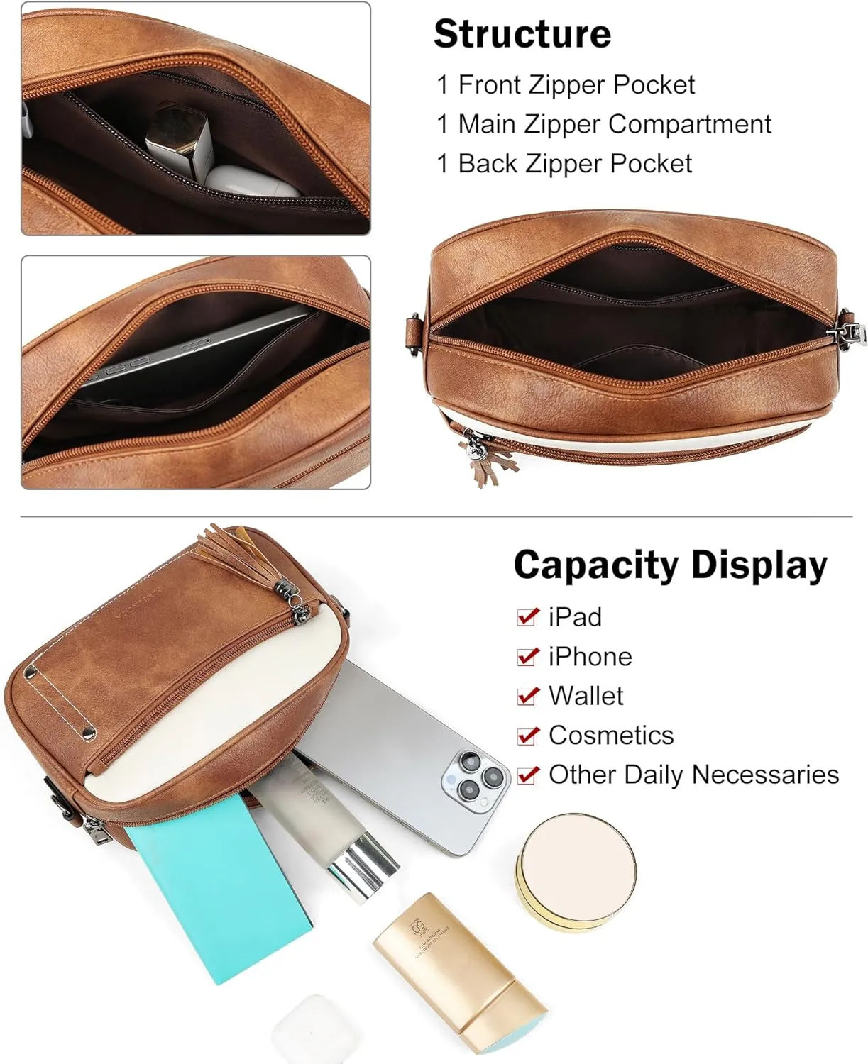MASINTOR Crossbody Bags for Women Vegan Leather, Trendy Shoulder Purse with Adjustable Strap and Tassel