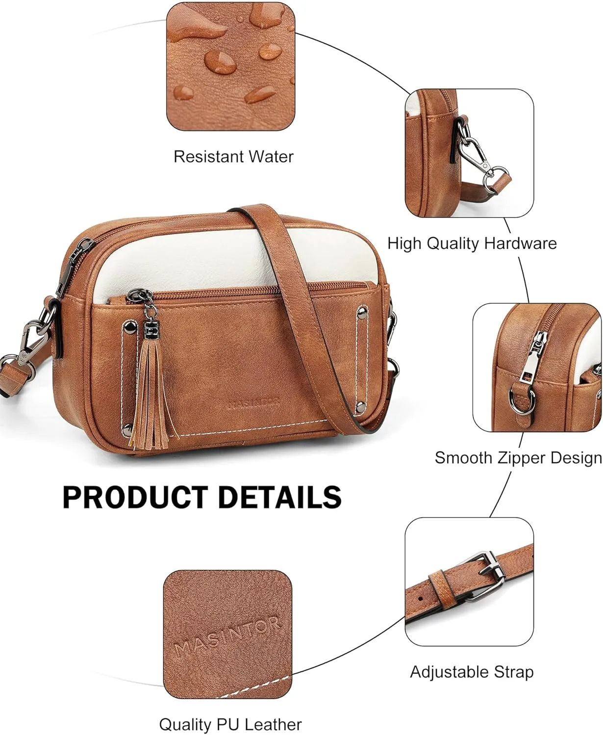 MASINTOR Crossbody Bags for Women Vegan Leather, Trendy Shoulder Purse with Adjustable Strap and Tassel
