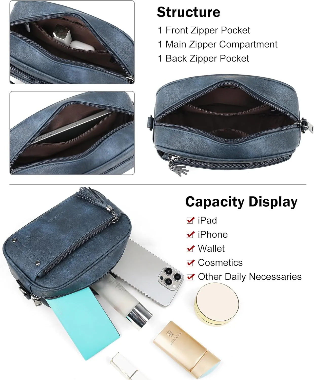 MASINTOR Crossbody Bags for Women Vegan Leather, Trendy Shoulder Purse with Adjustable Strap and Tassel