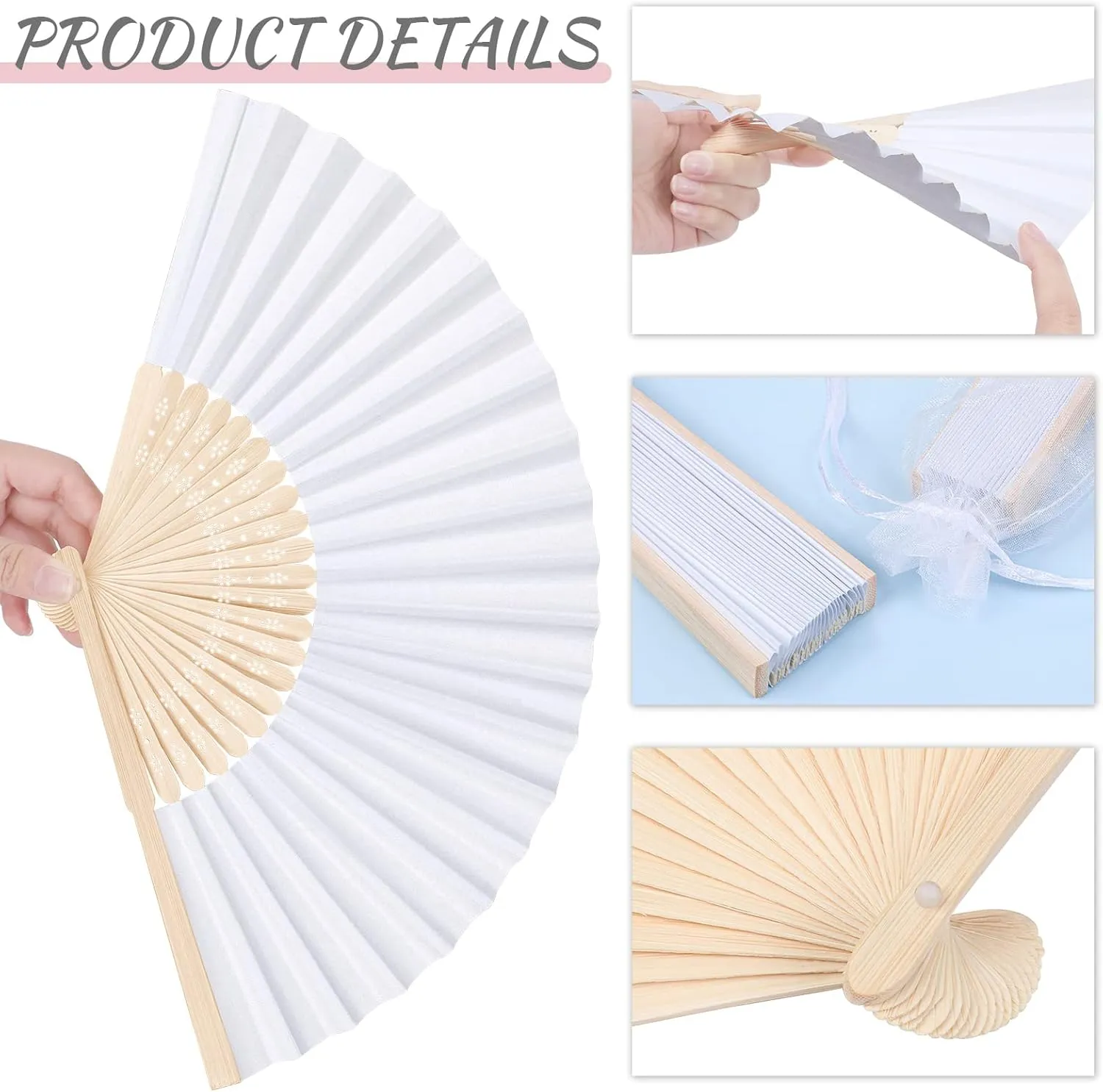 MCEAST 80 Pieces White Folding Paper Fans Wedding Fans Handheld Paper Fan White Bamboo Hand Fan Foldable Cool Favors with 80 Organza Bag for DIY Decor Wedding Party Favors Summer Guest