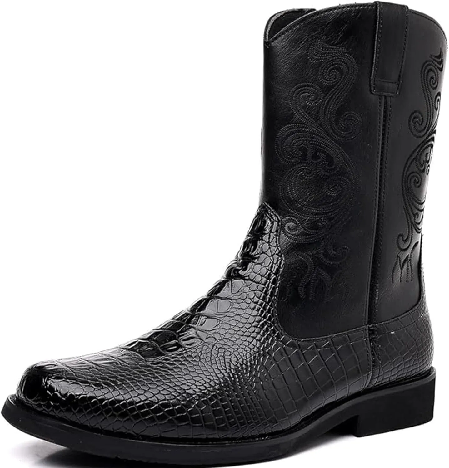 Men Crocodile Western Cowboy Side Zipper Mid Calf Square Toe Leather