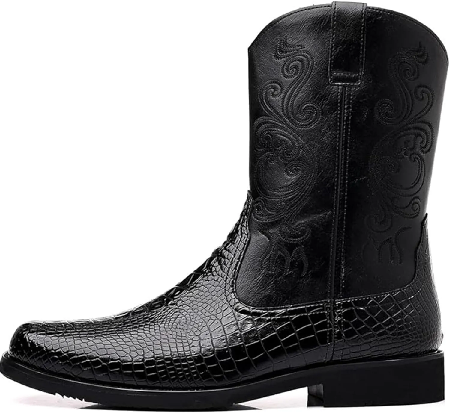 Men Crocodile Western Cowboy Side Zipper Mid Calf Square Toe Leather