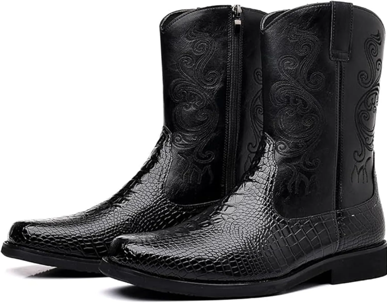 Men Crocodile Western Cowboy Side Zipper Mid Calf Square Toe Leather