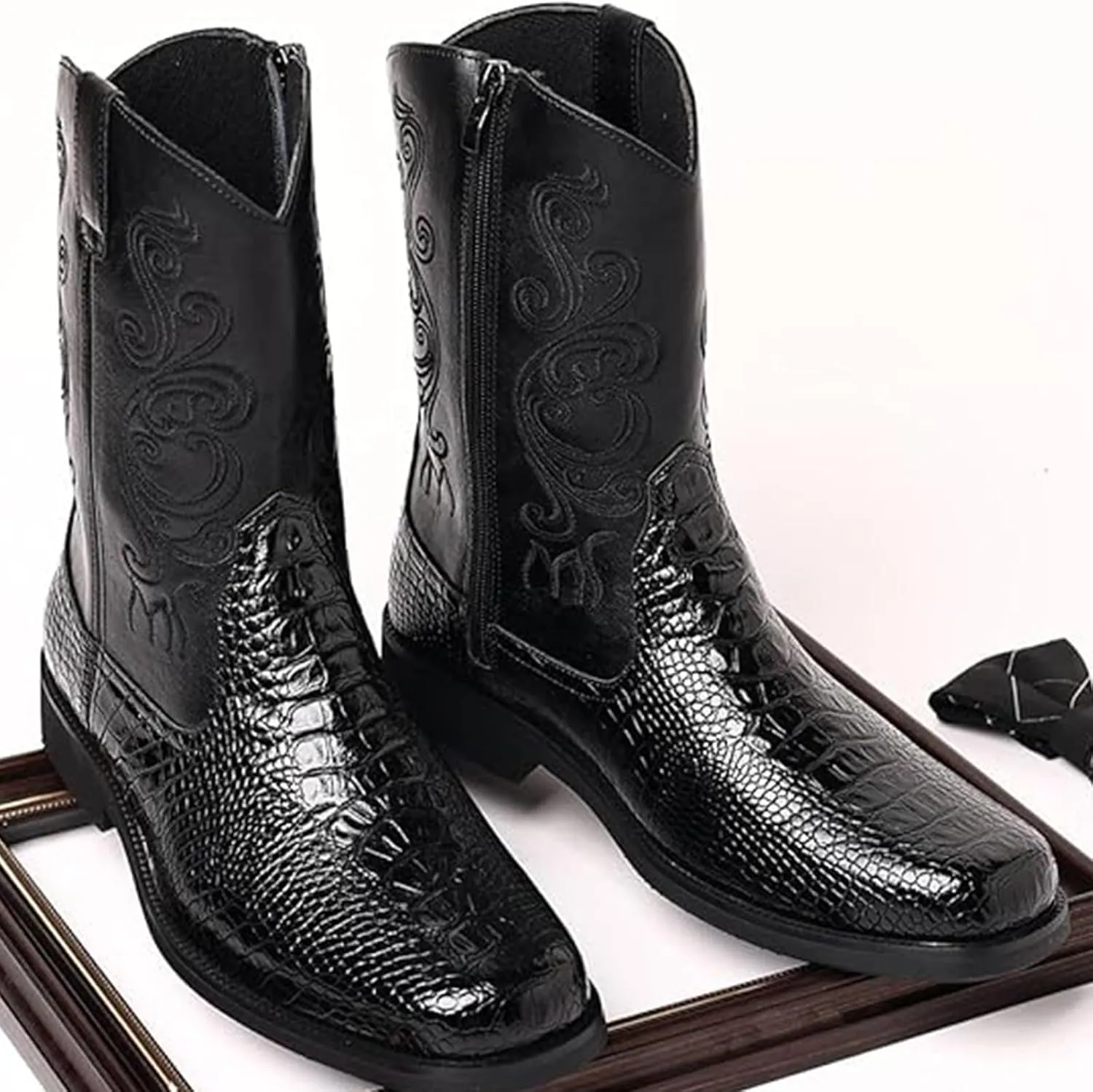Men Crocodile Western Cowboy Side Zipper Mid Calf Square Toe Leather