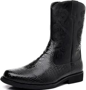 Men Crocodile Western Cowboy Side Zipper Mid Calf Square Toe Leather