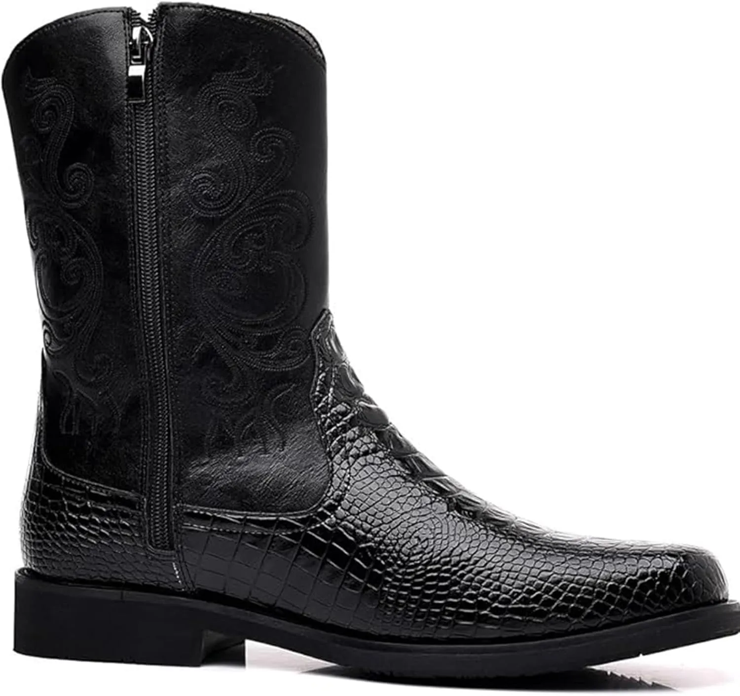 Men Crocodile Western Cowboy Side Zipper Mid Calf Square Toe Leather