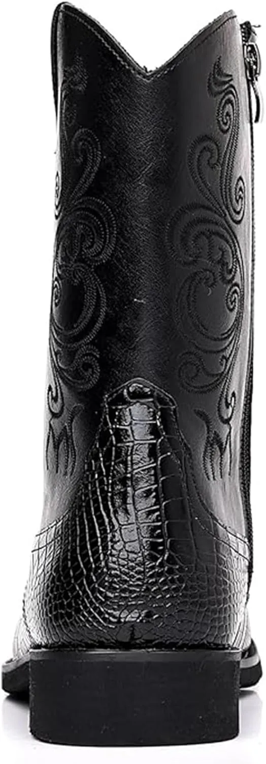 Men Crocodile Western Cowboy Side Zipper Mid Calf Square Toe Leather