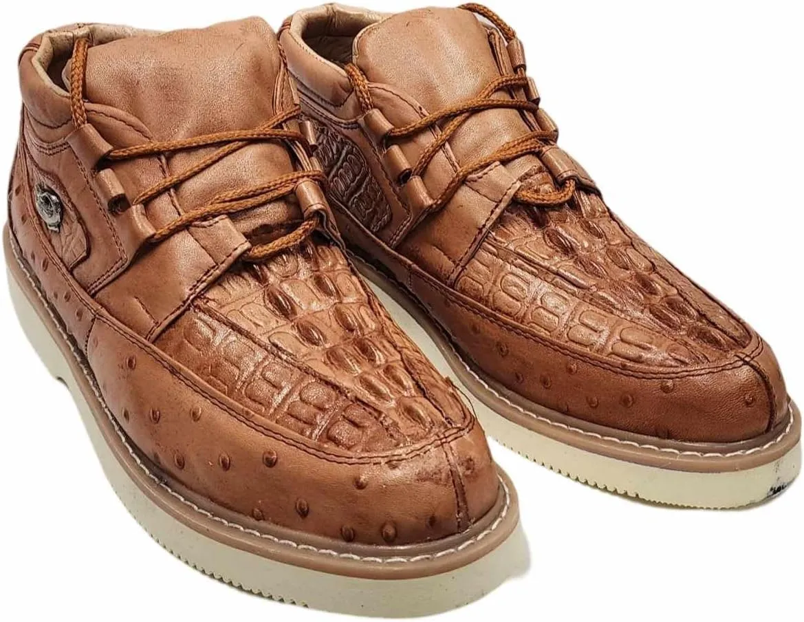 Men Genuine Cowhide Crocodile/Ostrich Print Western Tennis Laces Shoes Work Shoes