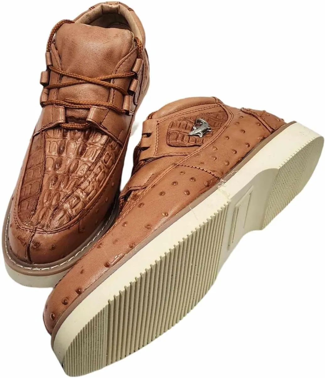 Men Genuine Cowhide Crocodile/Ostrich Print Western Tennis Laces Shoes Work Shoes