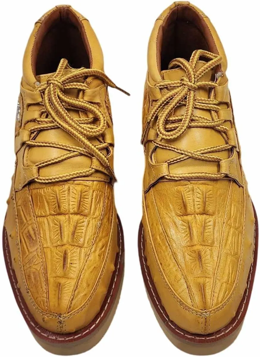 Men Genuine Cowhide Crocodile/Ostrich Print Western Tennis Laces Shoes Work Shoes