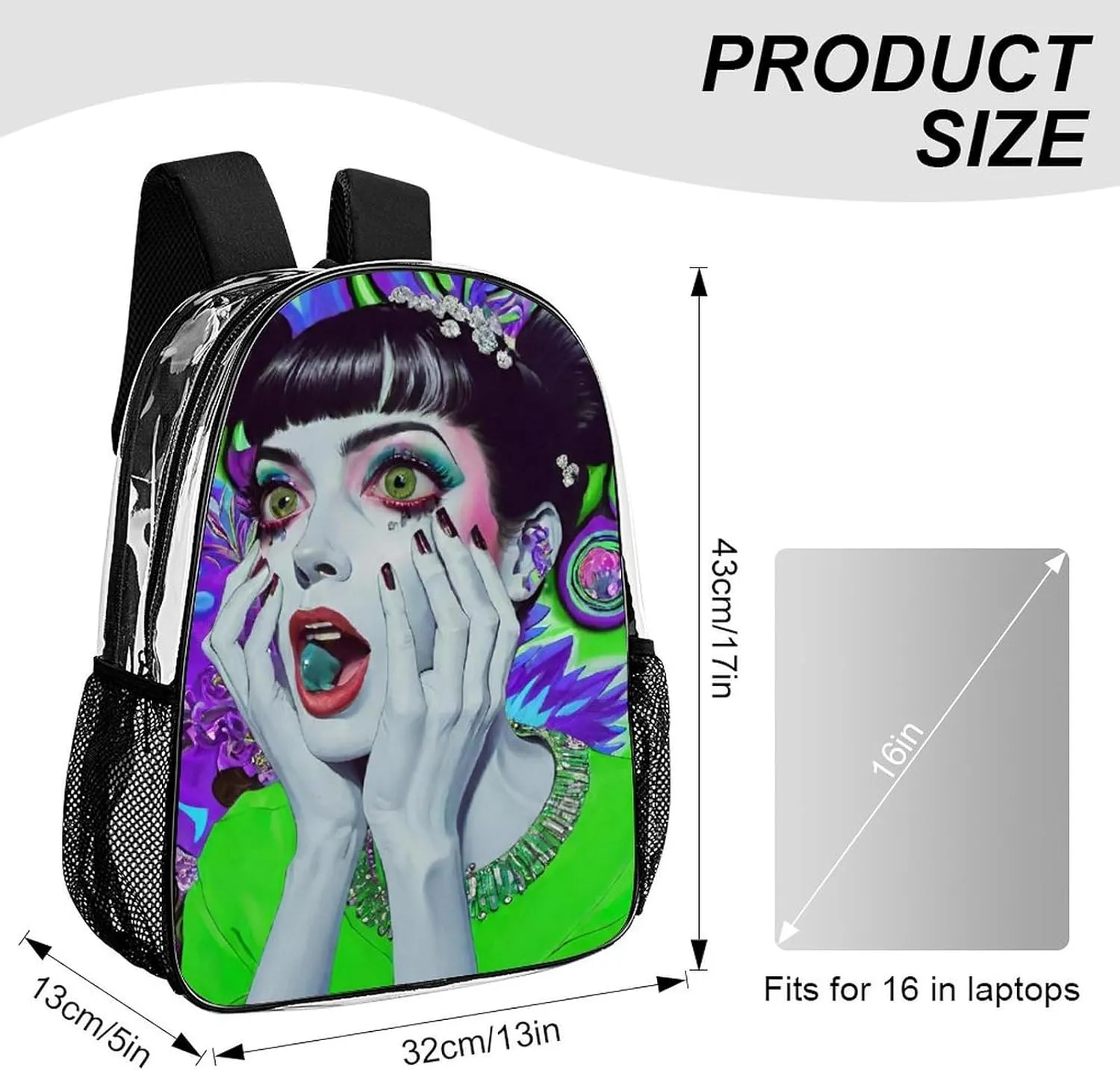 Men Women Transparent Tie Dye Weird Goth Women Art Casual Daypack Large Capacity Carry On Bag With Adjustable Shoulder Straps for Camping Work Running