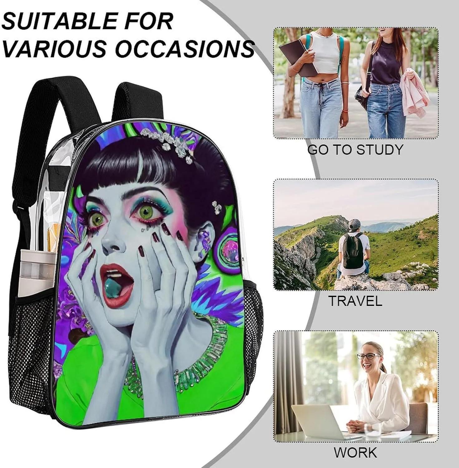 Men Women Transparent Tie Dye Weird Goth Women Art Casual Daypack Large Capacity Carry On Bag With Adjustable Shoulder Straps for Camping Work Running