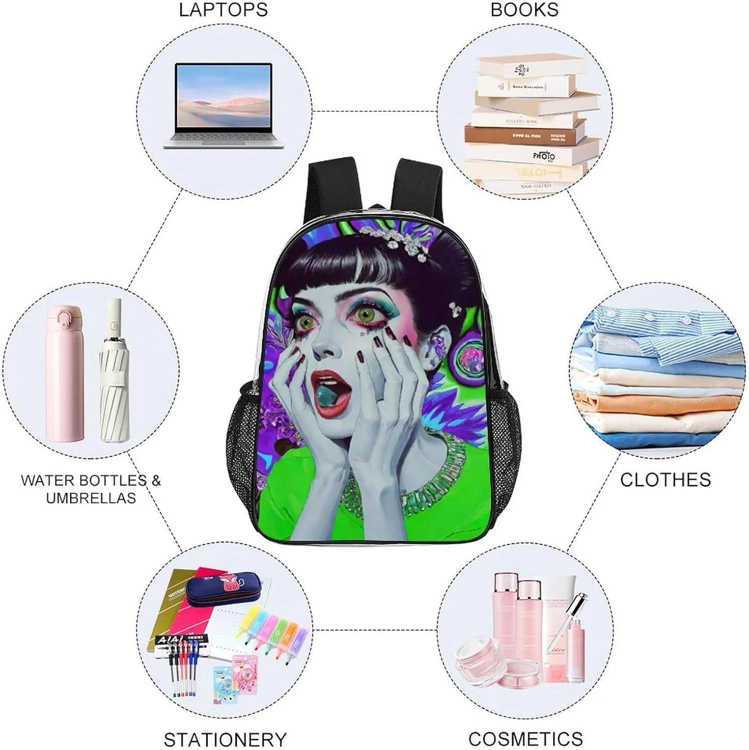 Men Women Transparent Tie Dye Weird Goth Women Art Casual Daypack Large Capacity Carry On Bag With Adjustable Shoulder Straps for Camping Work Running