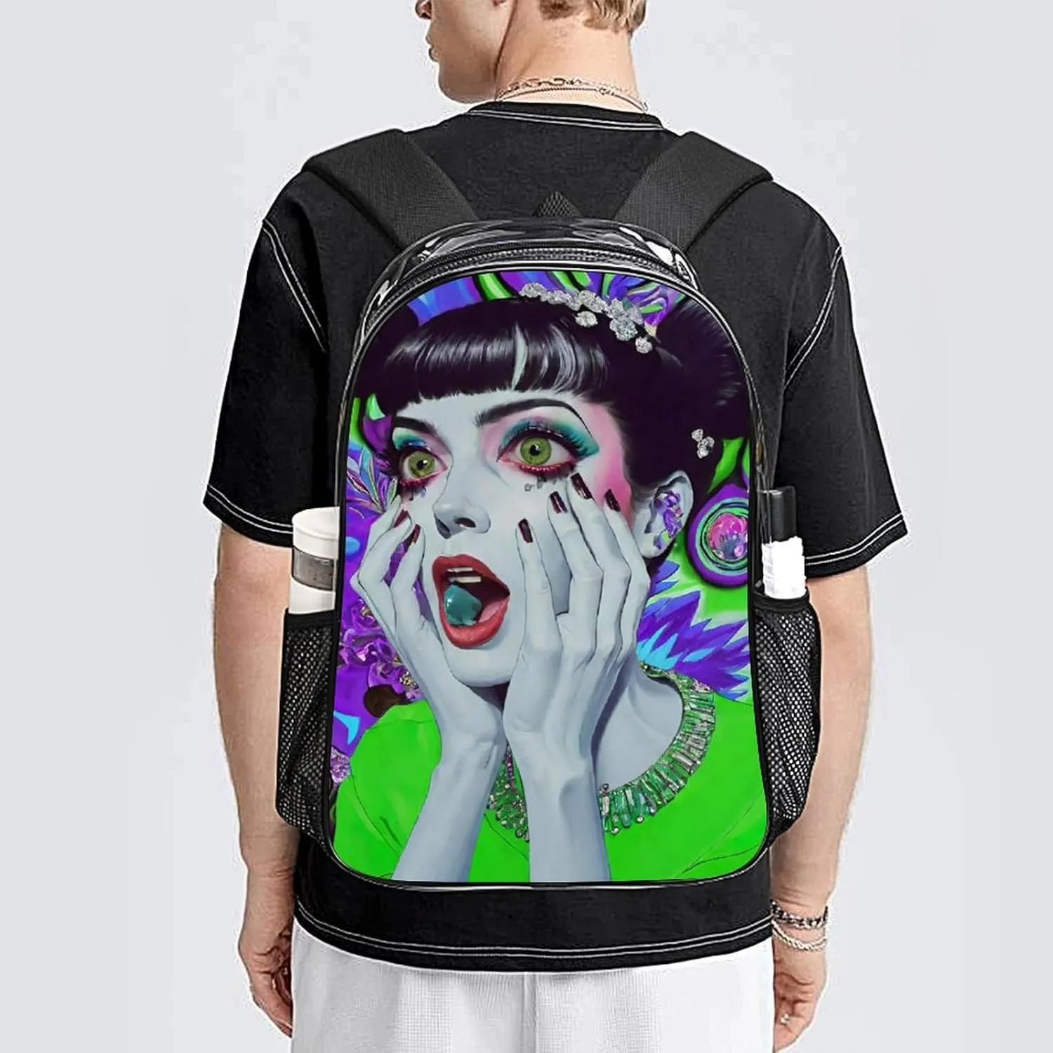 Men Women Transparent Tie Dye Weird Goth Women Art Casual Daypack Large Capacity Carry On Bag With Adjustable Shoulder Straps for Camping Work Running
