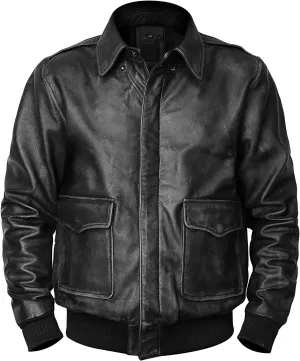 Mens A2 Leather Flight Jacket American Military Pilot Aviator Bomber Leather Coat (Black, X-Large)