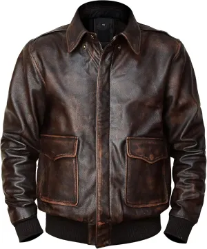Mens A2 Leather Flight Jacket American Military Pilot Aviator Bomber Leather Coat (Brown, X-Large)