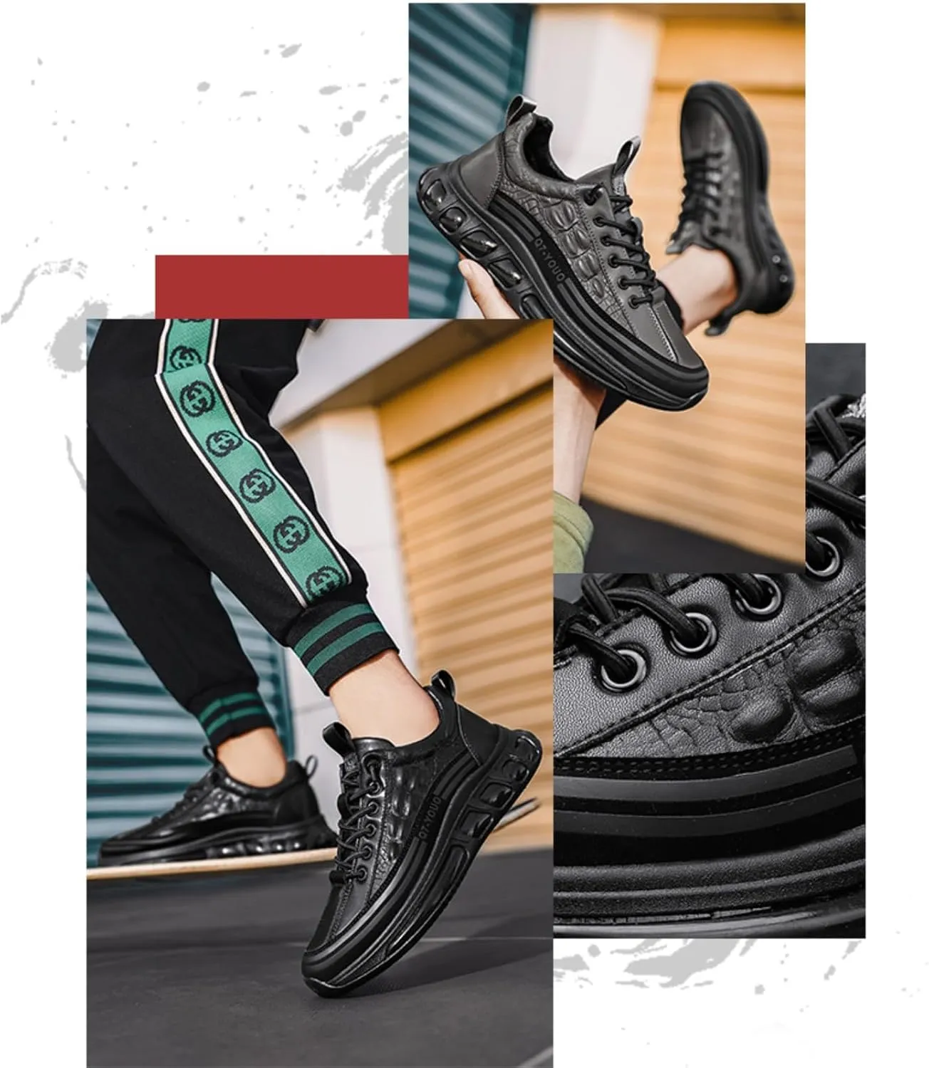 Men's Cowhide Pattern Air Cushion Sneakers Stylish and Comfortable Pattern Soft Leather Non-Slip Casual Walking Shoes