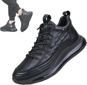 Men's Crocodile Print Leather Sneakers Casual Air Elastic Waterproof Height Lifting Comfortable Shoes High Top Sneakers (Black,12.5)