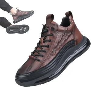 Men's Crocodile Print Leather Sneakers Casual Air Elastic Waterproof Height Lifting Comfortable Shoes High Top Sneakers (Brown,12)