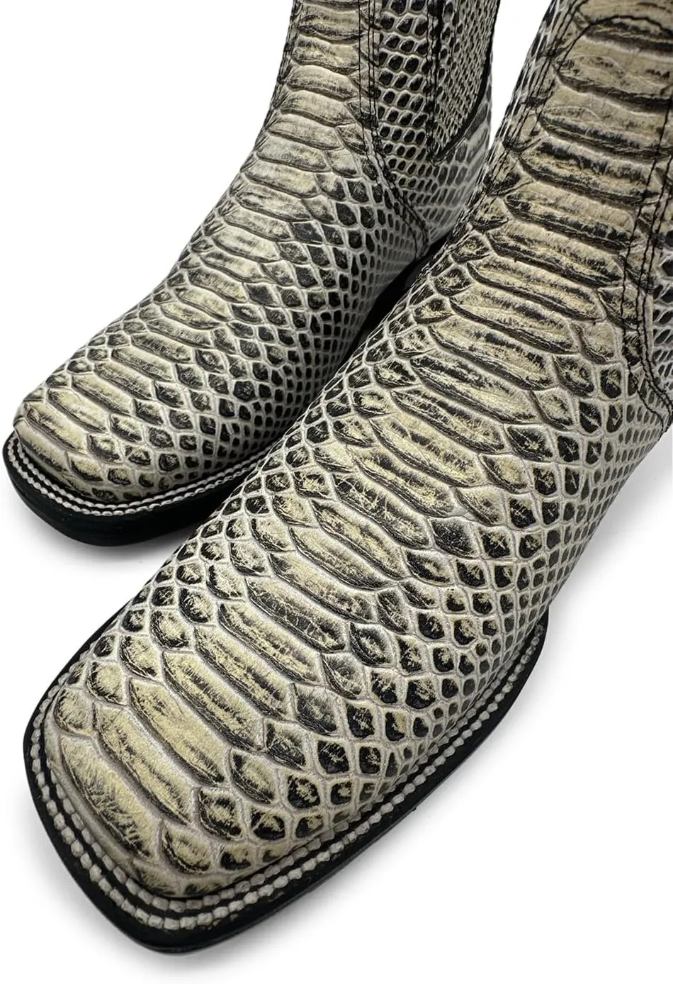 Men’s Genuine Leather Square Toe Embossed Python Snake Print Short Ankle Cowboy Boot