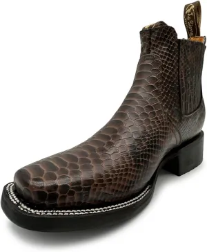 Men’s Genuine Leather Square Toe Embossed Python Snake Print Short Ankle Cowboy Boot