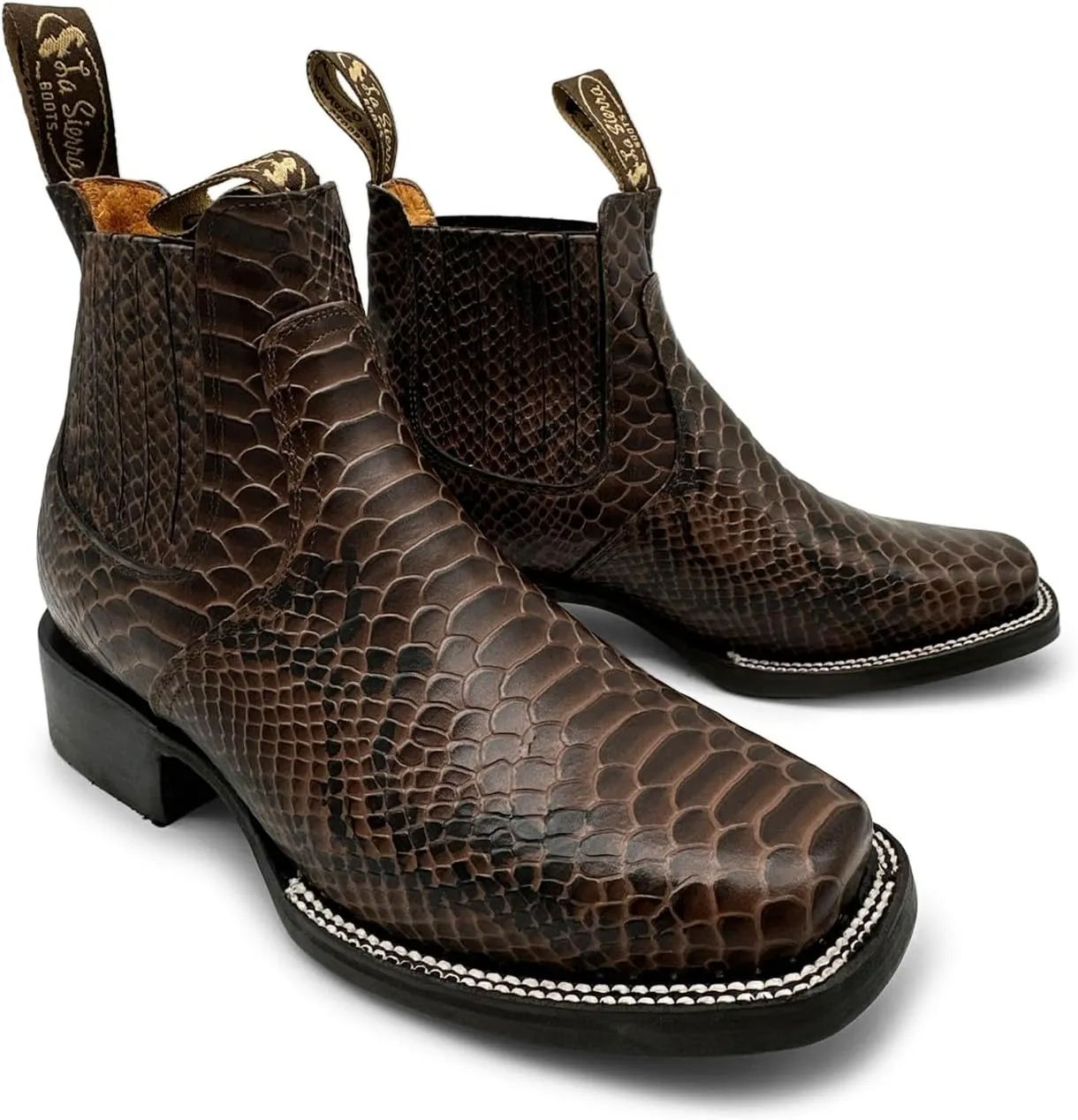 Men’s Genuine Leather Square Toe Embossed Python Snake Print Short Ankle Cowboy Boot