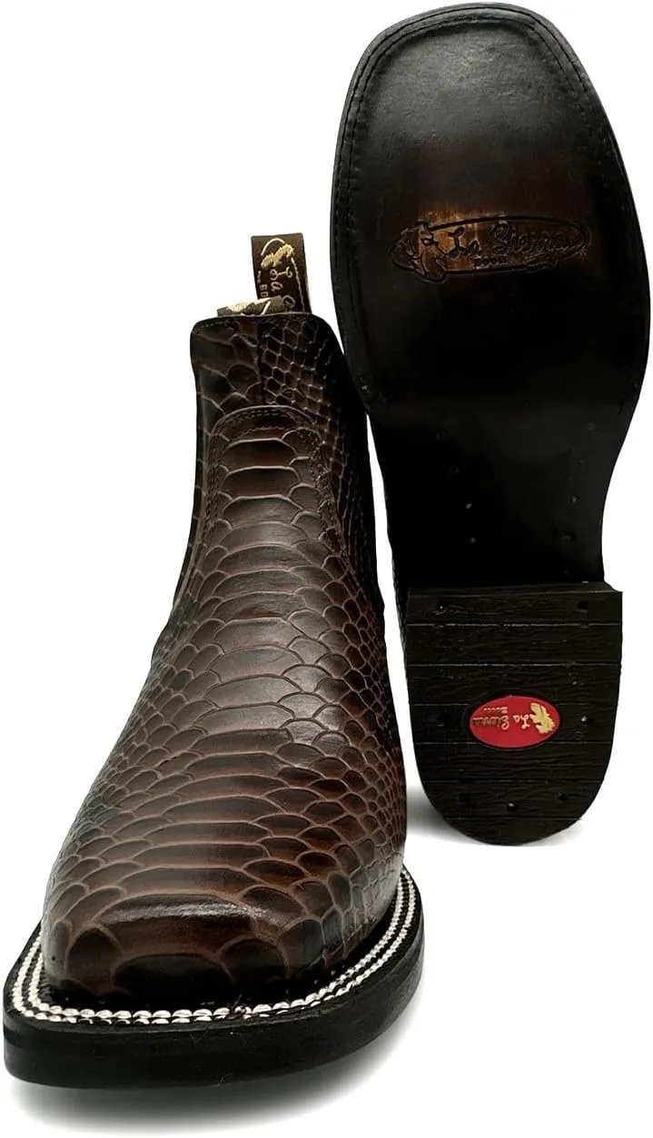 Men’s Genuine Leather Square Toe Embossed Python Snake Print Short Ankle Cowboy Boot