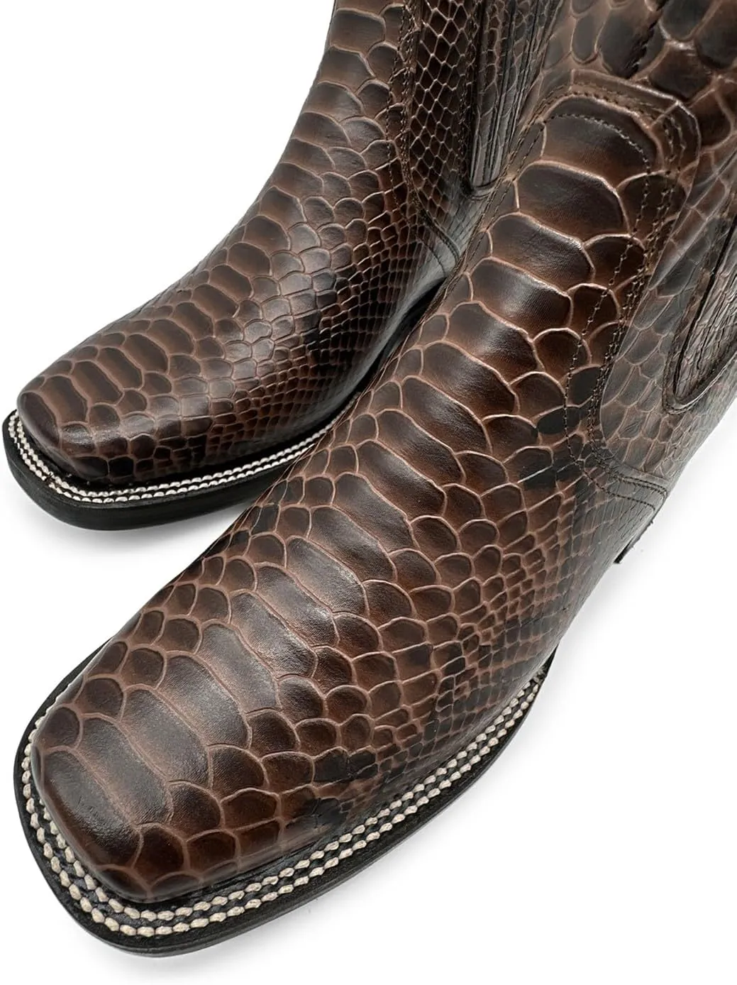 Men’s Genuine Leather Square Toe Embossed Python Snake Print Short Ankle Cowboy Boot