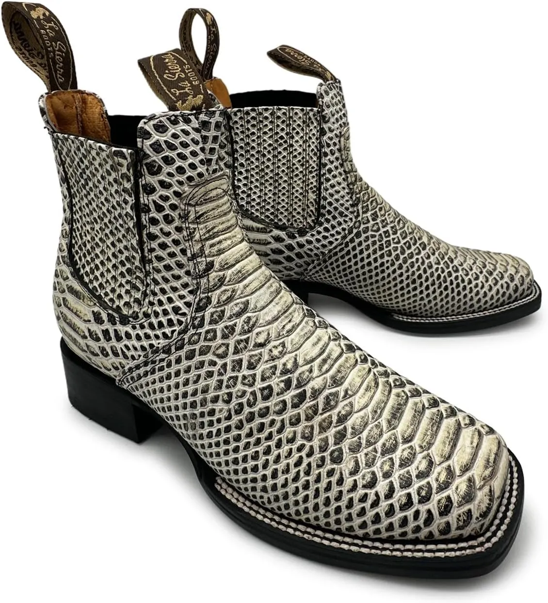 Men’s Genuine Leather Square Toe Embossed Python Snake Print Short Ankle Cowboy Boot
