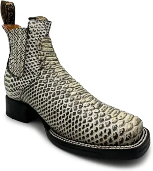 Men’s Genuine Leather Square Toe Embossed Python Snake Print Short Ankle Cowboy Boot