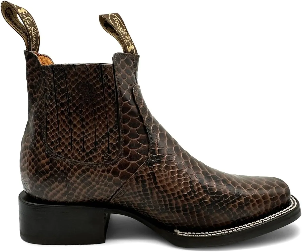 Men’s Genuine Leather Square Toe Embossed Python Snake Print Short Ankle Cowboy Boot