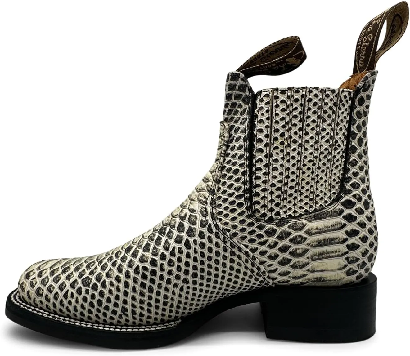 Men’s Genuine Leather Square Toe Embossed Python Snake Print Short Ankle Cowboy Boot