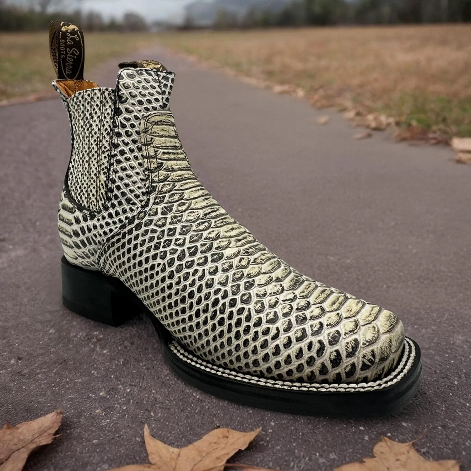 Men’s Genuine Leather Square Toe Embossed Python Snake Print Short Ankle Cowboy Boot