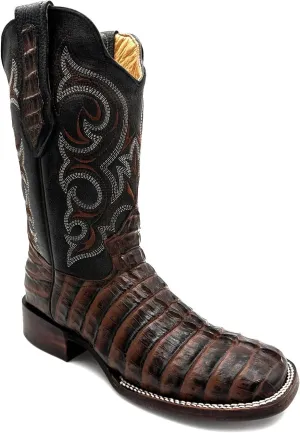 Mens Leather Alligator Tail Print Square Toe Western Cowboy Boot