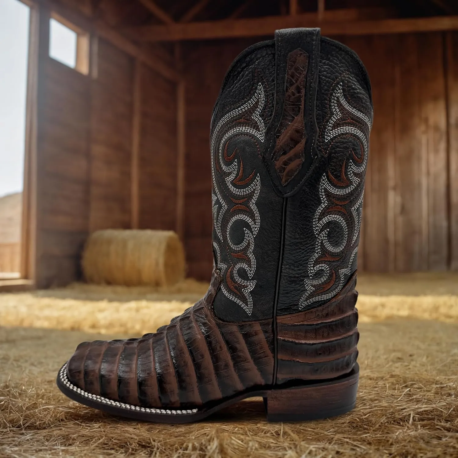 Mens Leather Alligator Tail Print Square Toe Western Cowboy Boot