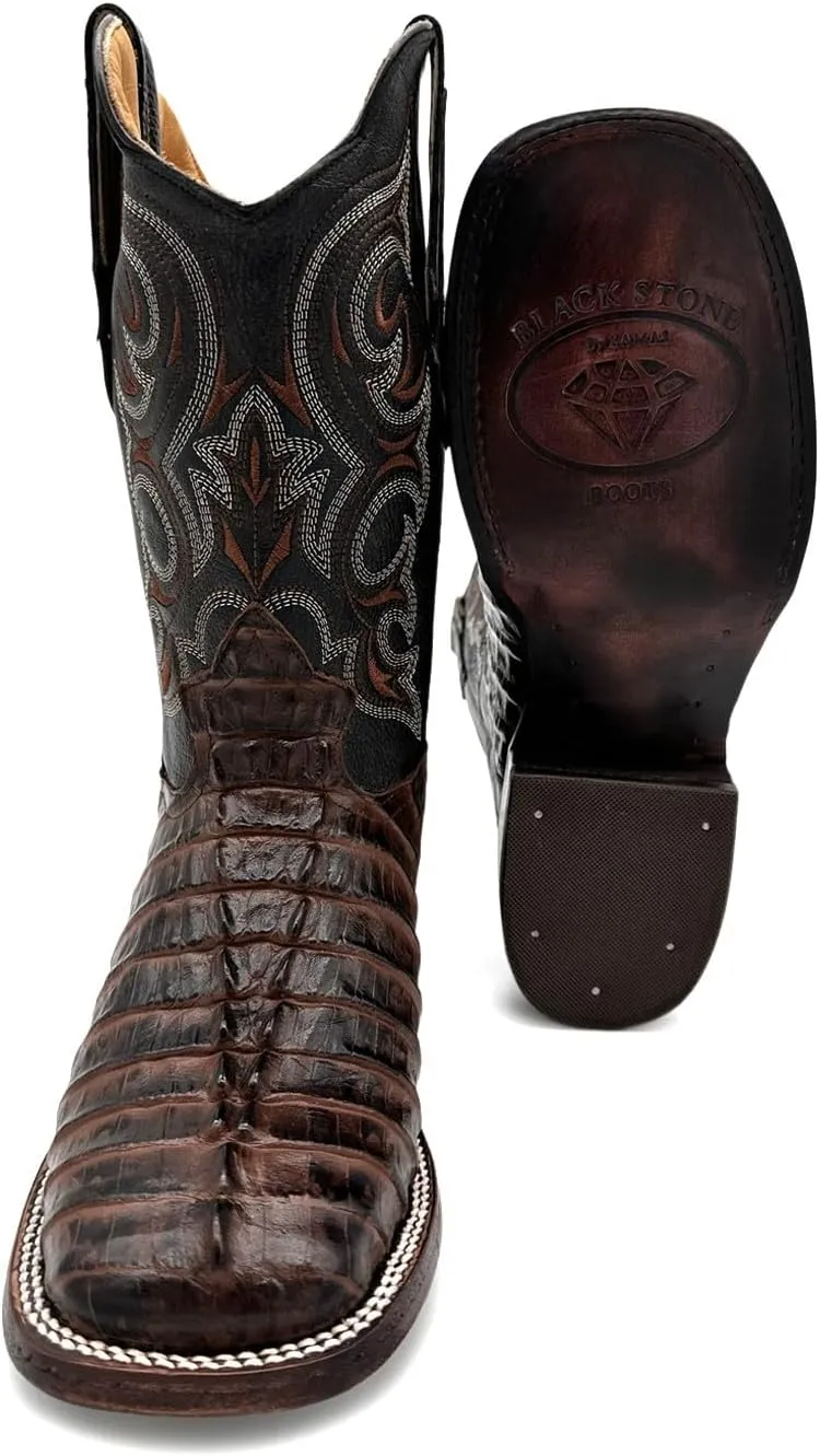 Mens Leather Alligator Tail Print Square Toe Western Cowboy Boot