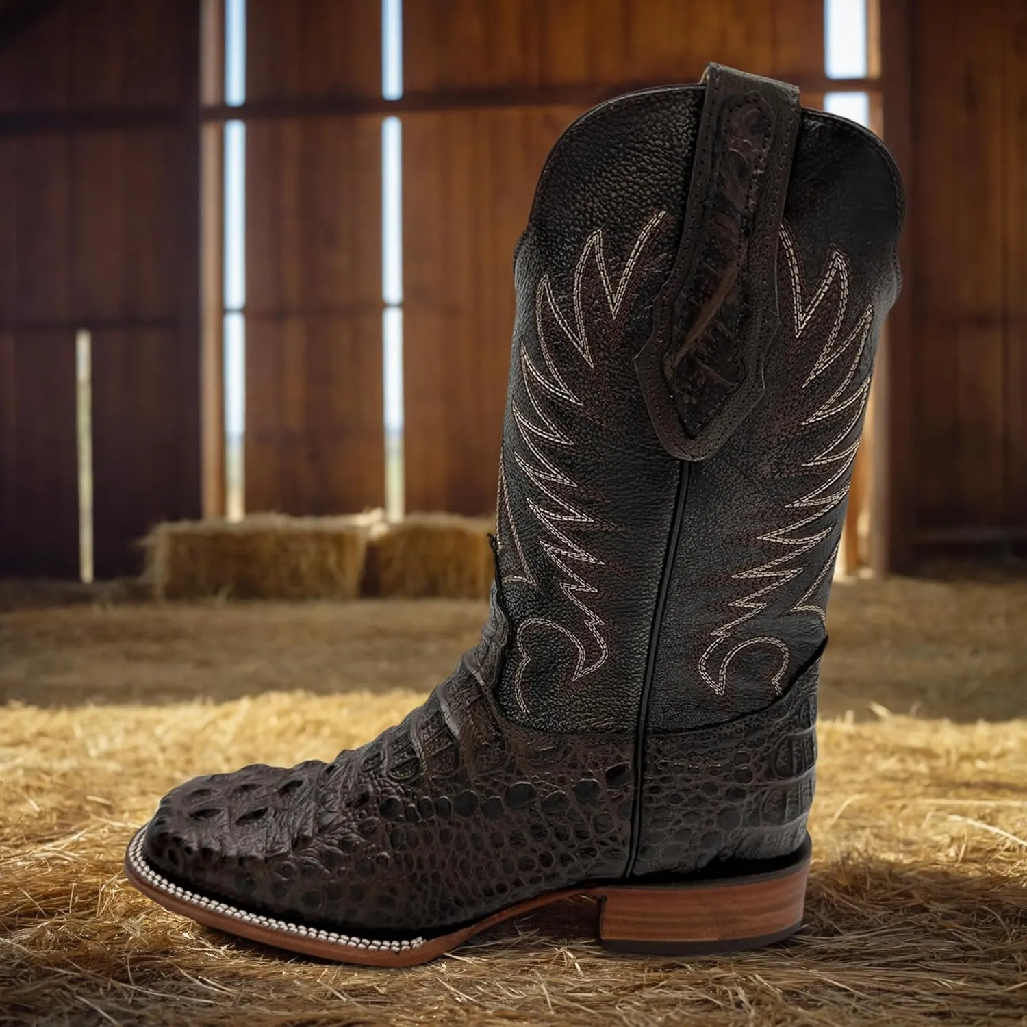 Mens Leather Square Toe Cowboy Boot Embossed Crocodile Alligator Print Western Boot