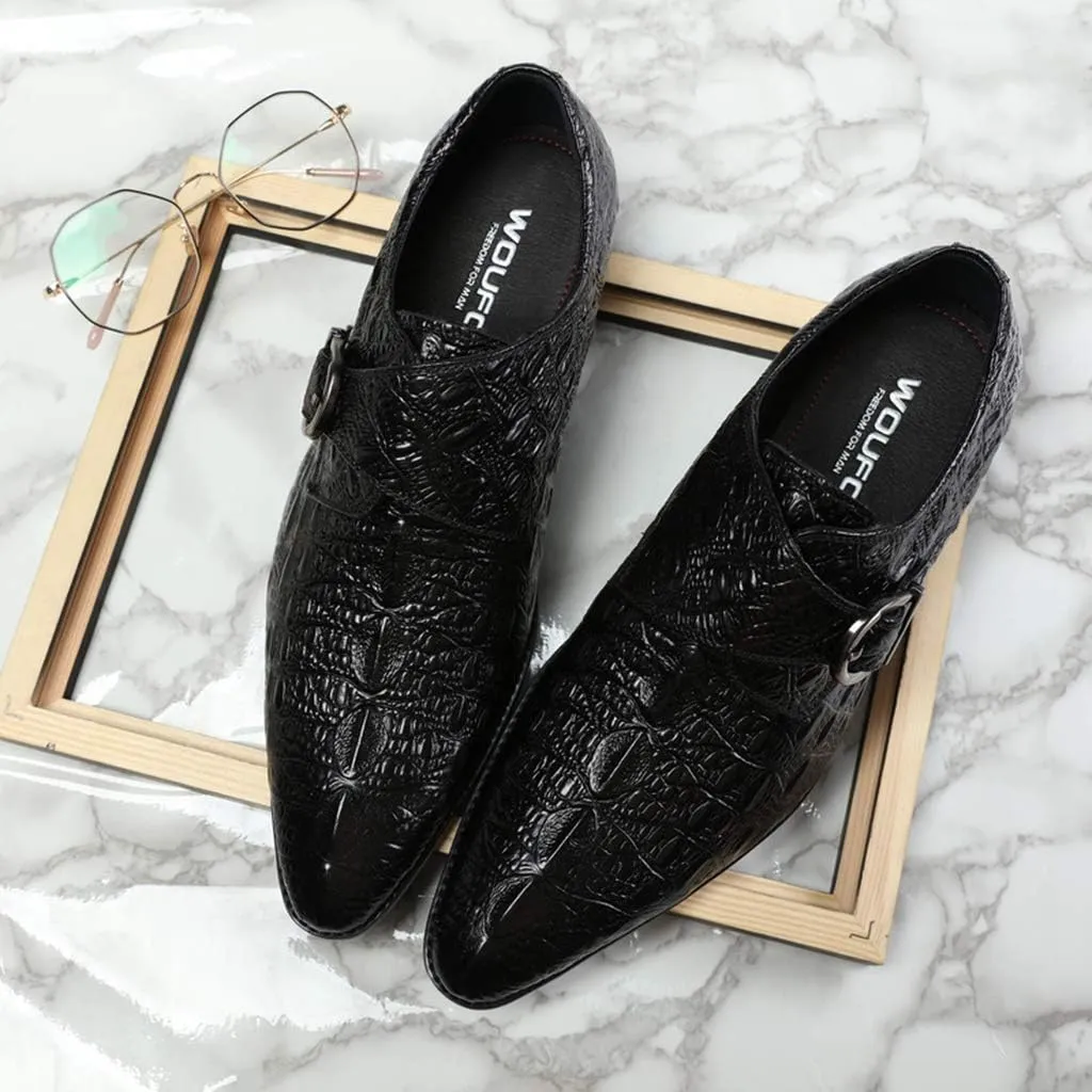 Men's Monk Shoes,Banquet Wedding Dress Shoes Single Buckle Classic Pointed Toe Cowhide Footwear,Black-37