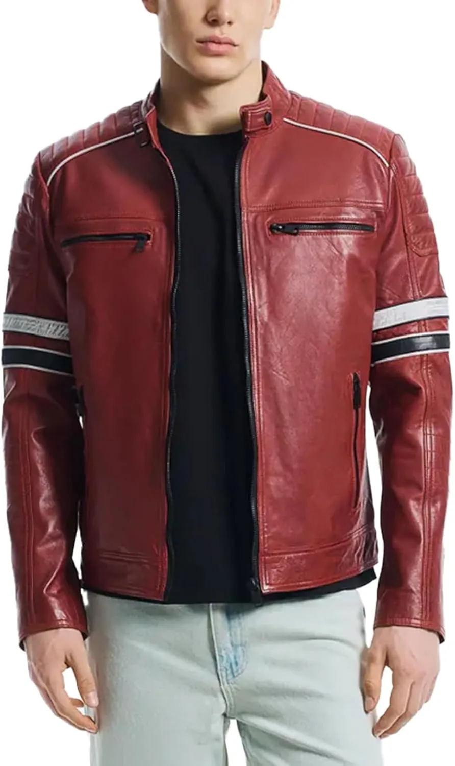 Men's Premium Cafe Racer Motorcycle Genuine Leather Retro Style Biker Jacket - Leather Jackets for Men