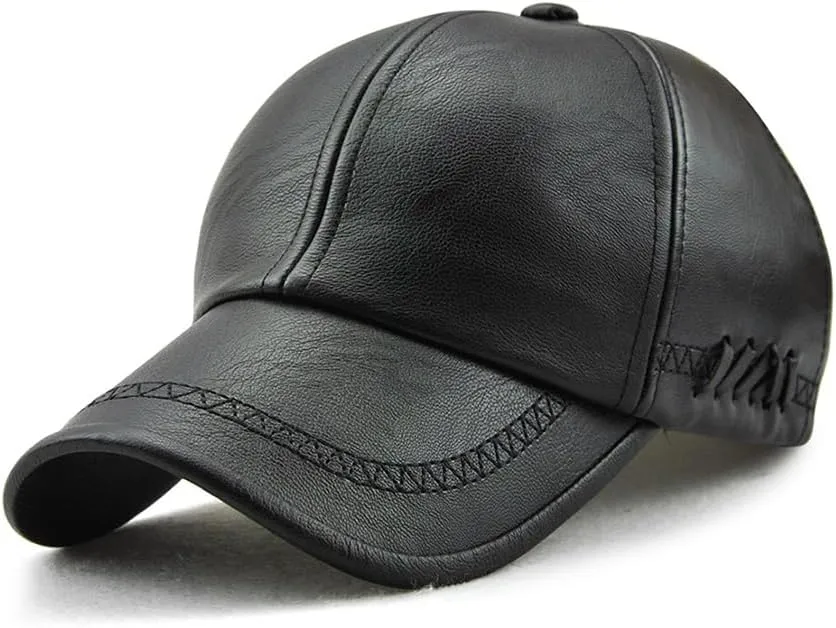 Men's PU Leather Baseball Cap with Adjustable Buckle Plain Wide Brim Hat for Autumn Winter